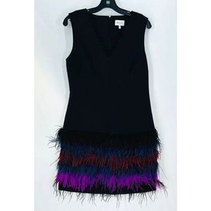 Milly Black Mini Dress with Purple, Blue & Red Feather Hem